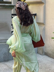 Hnewly  Fashion See Through Women's Jumpsuits Long Sleeve  Deep-V Neck Solid Rompers With Scarf Summer Chic Female Streetwear