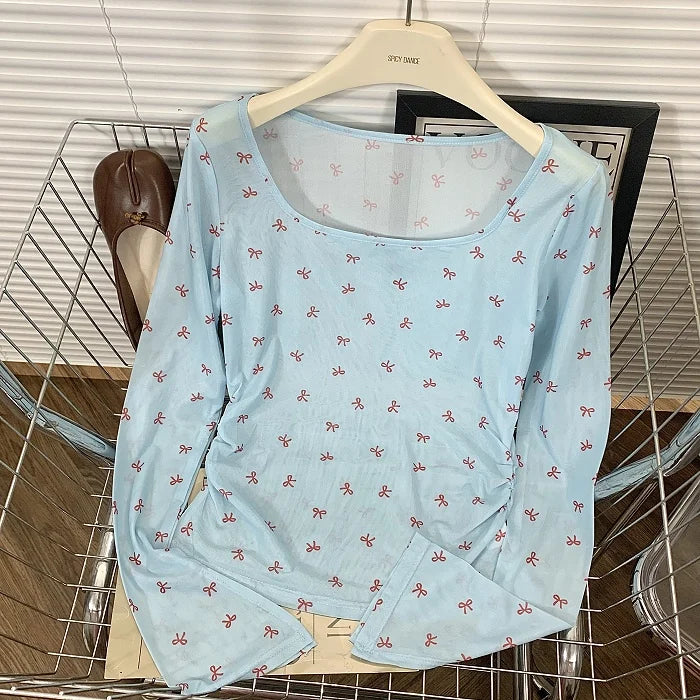 Hnewly Pink Bow Printed Long Sleeved T-shirt Women's Spring  Summer Sun Protection Top Korean Version Round Neck Slim Fit Versatile Tee