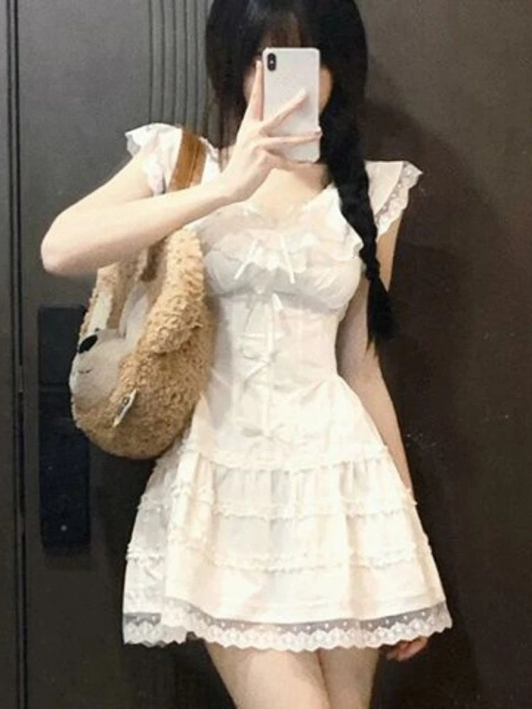 Hnewly Y2k Coquette White Lolita Sweet White Kwaii Cute Mini Dress Women Lace Bow Princess Slip Lace Short Dresses 2024 Fashion