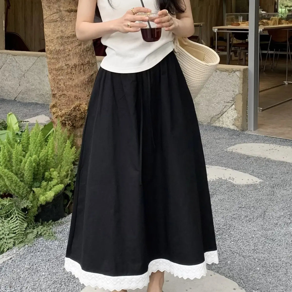 Hnewly Fresh and Fashionable Lace Lace Splicing Half Skirt Summer New Versatile Loose High Waist Long Skirt