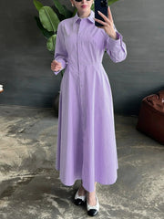 Hnewly  Spring Women's Long Dress Solid Color Simple Fashion Button up Long Sleeved Ruched Casual Turn-Down Collar