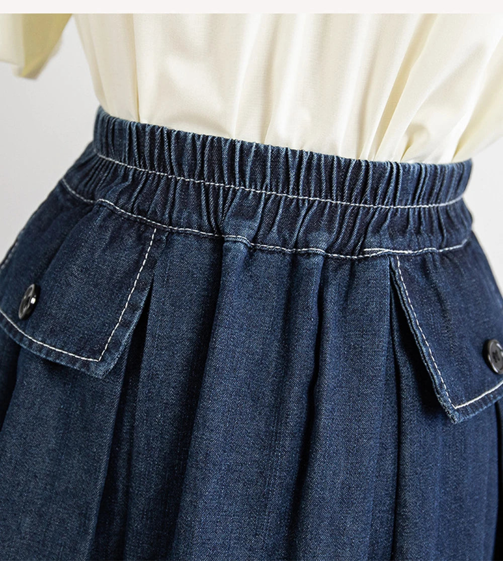 Hnewly M-5XL Oversize Denim Skirt Women's New Elastic High Waisted A-line Loose Fit Retro Knee-length Skirt with Built-in Safety Shorts