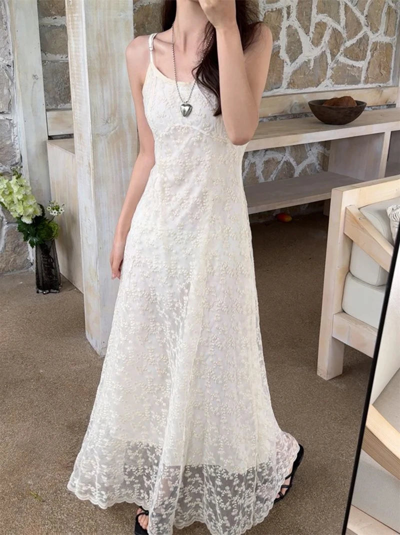 Hnewly Vintage Embroidered Women Camis Dress Korean Chic Spaghetti Straps Midi Dress Y2K Ladies Elegant Beach Party A Line Dress