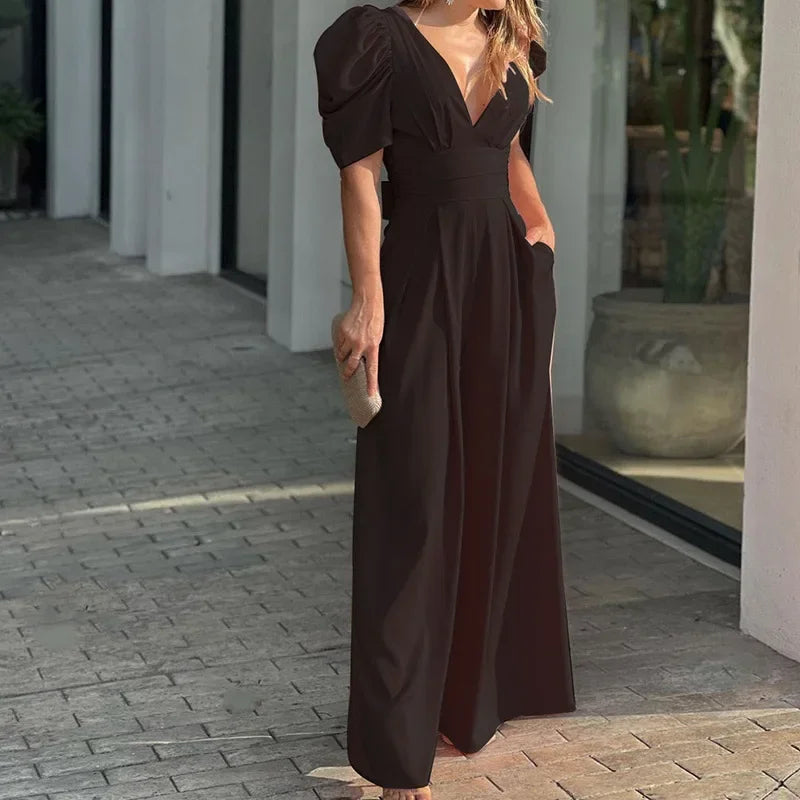 Hnewly  Women New Solid Lime Green Jumpsuit Chic Deep V Neck Puff Sleeve Wide Leg High Waist Outfit Fashion Party Wear Jumpsuits