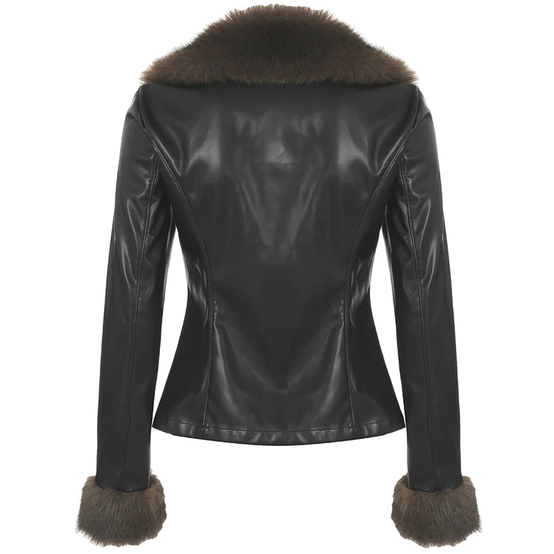Hnewly winter club outfits Autumn New Clothes Women’s Leather Coat Long Sleeve Spliced Faux Trim Button Slim Fit Chic Coat