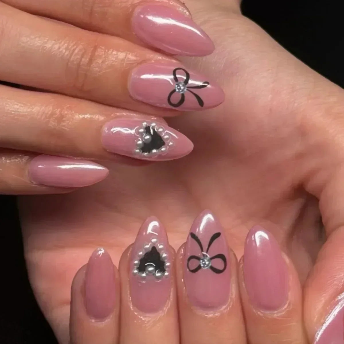 Hnewly 24Pcs Pink Almond French Press on Nails With 3D Bow ripple charms Design Fake Nails Ballerina False Nails Full Cover Nail Tips