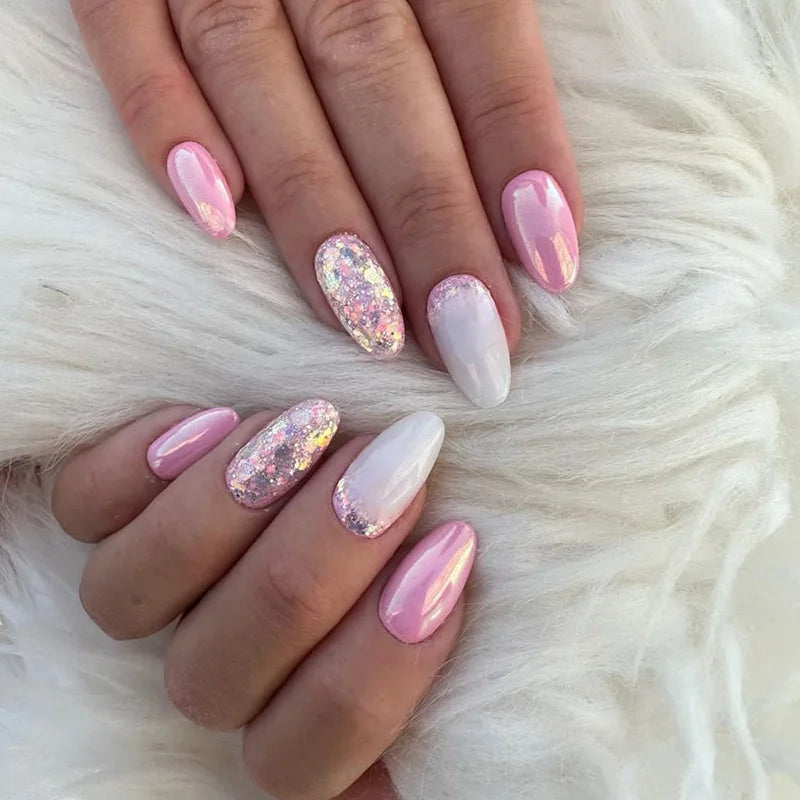 Hnewly 24Pcs Almond Nails Set with Glue Gradient Short Oval False Nails Wearable Round Head Press on Nails Full Cover Fake Nail Tips