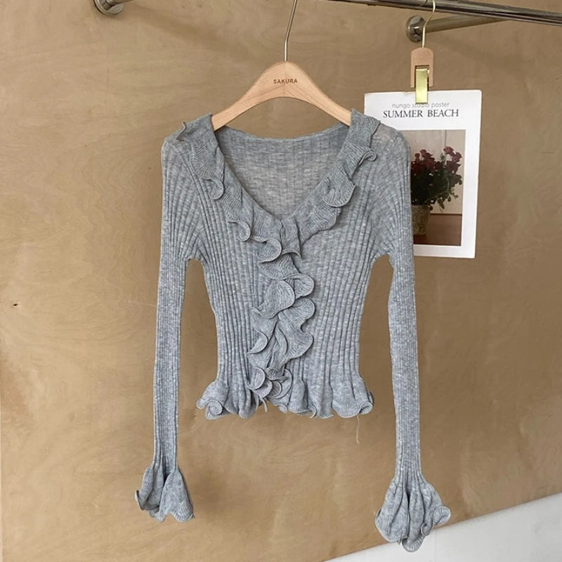 Hnewly  Women's Ruffled Sweater Long Sleeve Slim Fit Rib Knit Top Pullover Jumper Ladies Knitwear Autumn Winter Fairycore Outfit