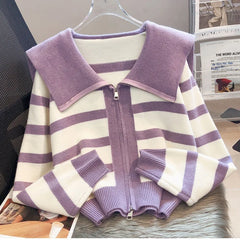 Hnewly  Women's Knitted Stripe Sweater Sweet Preppy Style Peter Pan Collar Cardigan Top Spring Autumn 2023 New Zipper Fashion Outwear