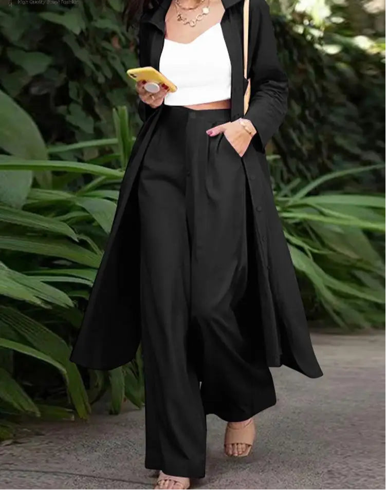 Hnewly Elegant Matching Sets Women Long Sleeve Split Shirt Casual Lapel Button Blouses Wide Leg Trousers Tracksuit Outifits