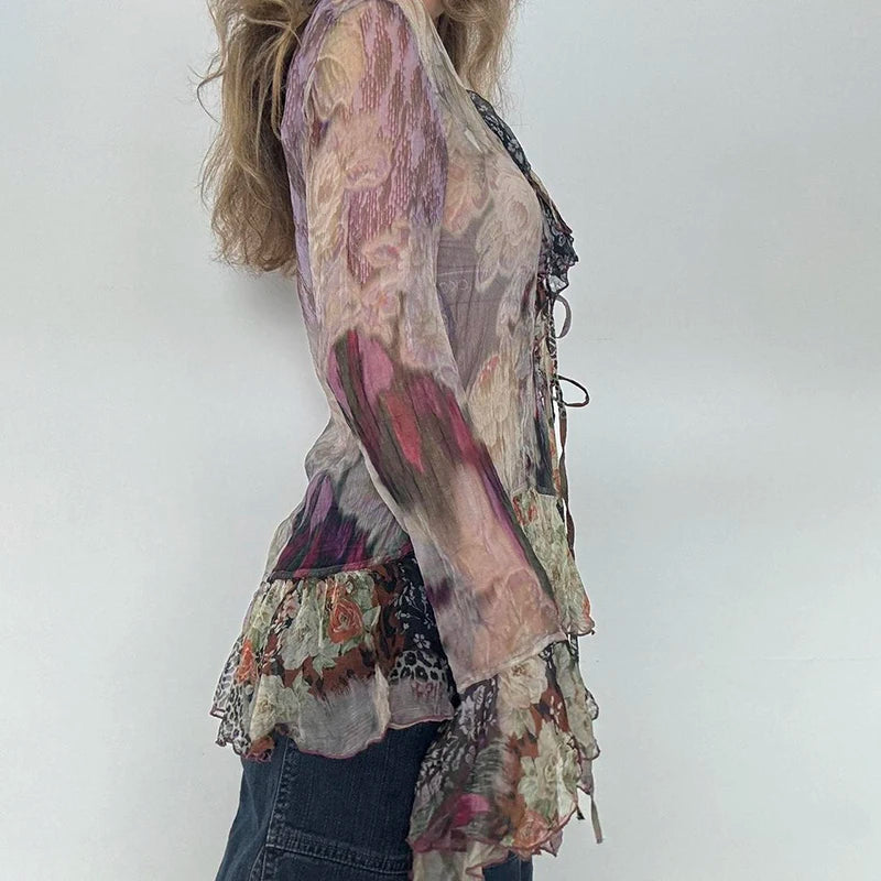 Hnewly Vintage Transparent Crop Top with Slit 90s Mesh Print Ruffles Patchwork Full Sleeve Bandage Women T-shirt Grunge y2k Tees