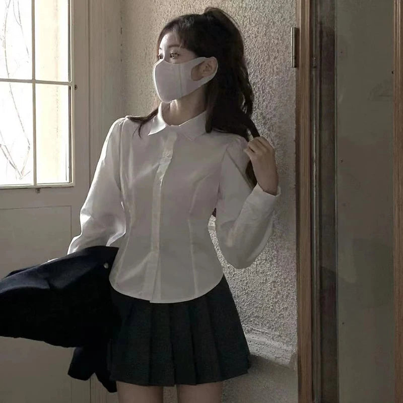 Hnewly Women's White Shirt Korean Preppy Style Long Sleeve Turndown Collar Blouse School Girl Uniform Student Slim Shirts