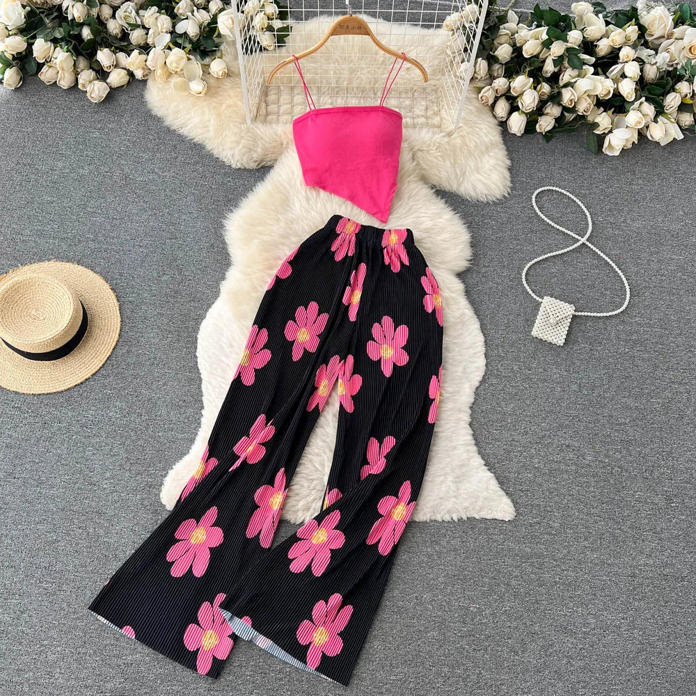 Hnewly Summer Spaghetti Strap Crop Tops and Pantsuit Women Elegant Floral Casual Chic Beach Holiday Outfits Female Sexy 2 Pieces Set