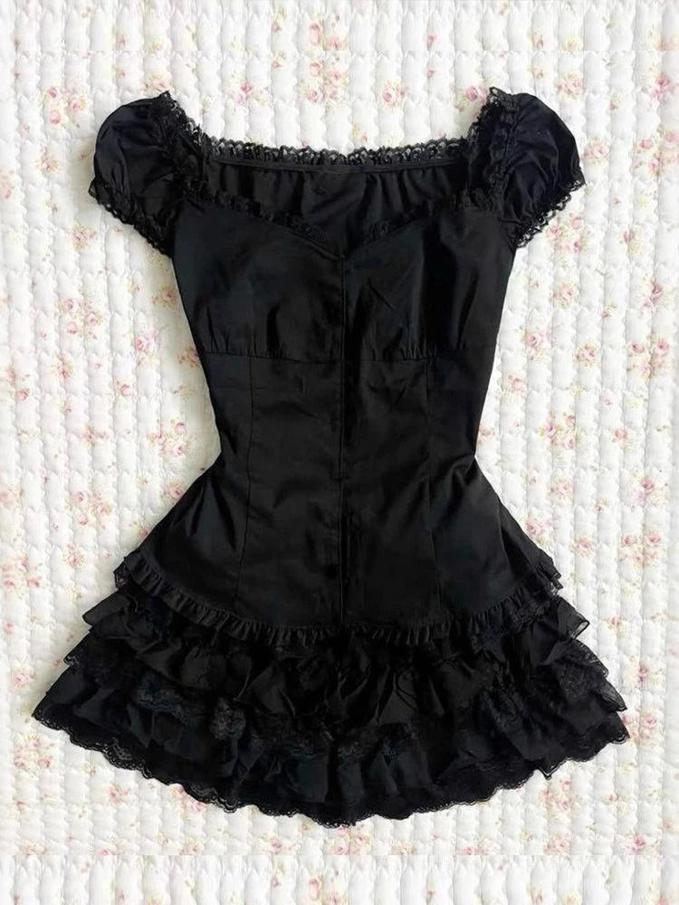 Hnewly  Design Gothic Vintage Slim Dress Women's Summer Y2k Hot Girl Black Lace Dresses Female Hepburn Chic Ruffle New Short Dresses