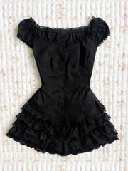 Hnewly  Design Gothic Vintage Slim Dress Women's Summer Y2k Hot Girl Black Lace Dresses Female Hepburn Chic Ruffle New Short Dresses