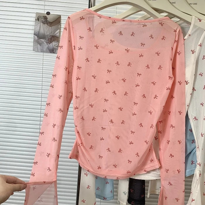 Hnewly Pink Bow Printed Long Sleeved T-shirt Women's Spring  Summer Sun Protection Top Korean Version Round Neck Slim Fit Versatile Tee