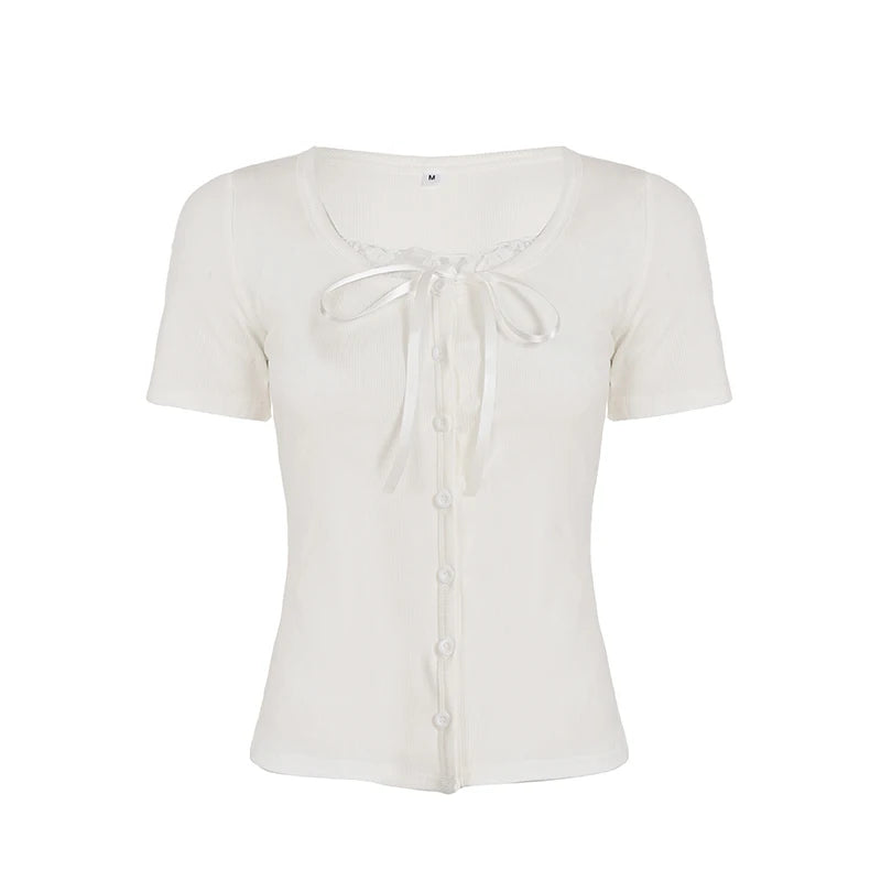 Hnewly Sweet Slim Fit Chic Fashion Simple Women T-Shirts Summer Patchwork Lace Spliced Fake 2 Piece Shirts