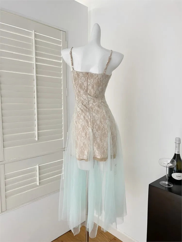 Hnewly Summer Lace Mesh Elegant Spliced Sling Dresses For Woman 2025 Sexy Zipper New Fashion Evening Party Prom Long Dress 2025 Vestido