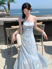 Hnewly Summer Elegant Blue Chiffon Midi Dress Women Beach Casual Embroidery Floral One Piece Dress Korean Fashion Evening Party Vintage