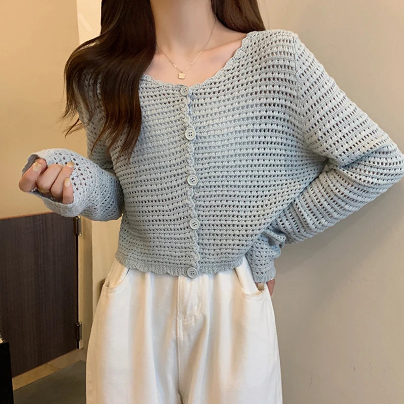 Hnewly  Women Button Up Short Cardigan Knitted Shirt Hollow Out Crochet Crop Top Long Sleeved Thin Cover Up Teen-girl Casual Outfit