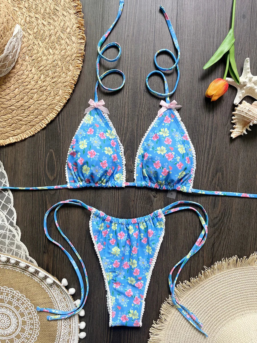 Hnewly  Floral Printed Halter Bow Knotted Bikini Female Swimsuit Women Swimwear Two-pieces Bikini Set Bather Bathing Suit Swim Lady