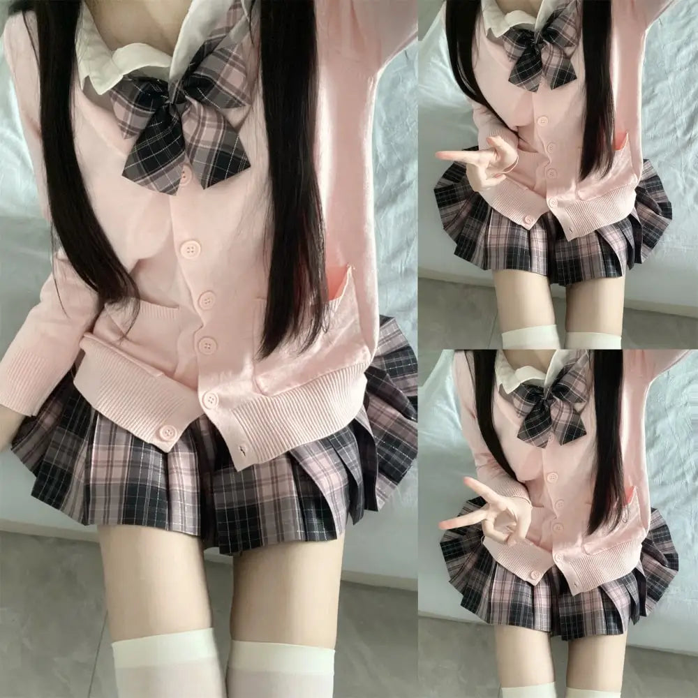 Hnewly 3Pc Set Japanese Korean School Uniforms Multicolor Sweater&Plaid Pleat Skirt with Bow Jk Uniform Suit Graduation Costumes Women