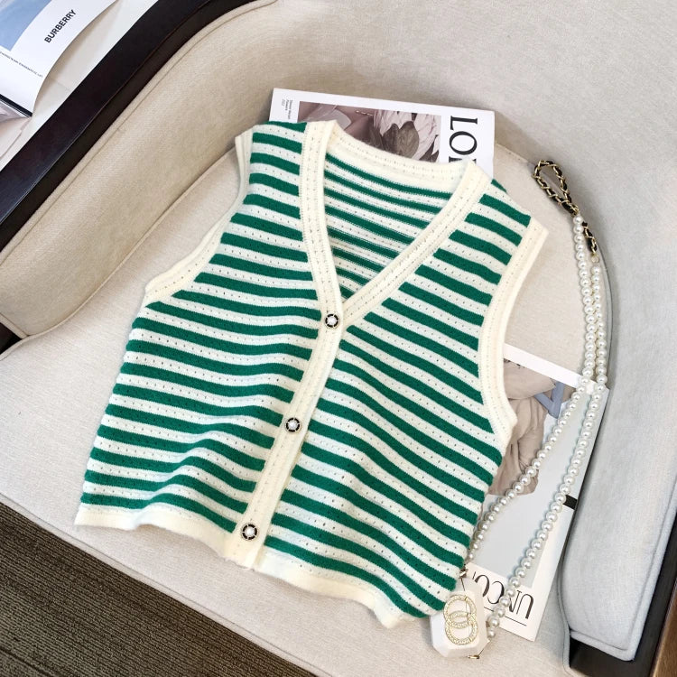 Hnewly  Spring V-Neck Striped Knitted Vest Korean Hollow Out Sleeveless Top Women's 2023 Autumn Loose All-Matched Outwear Cardigan Tank