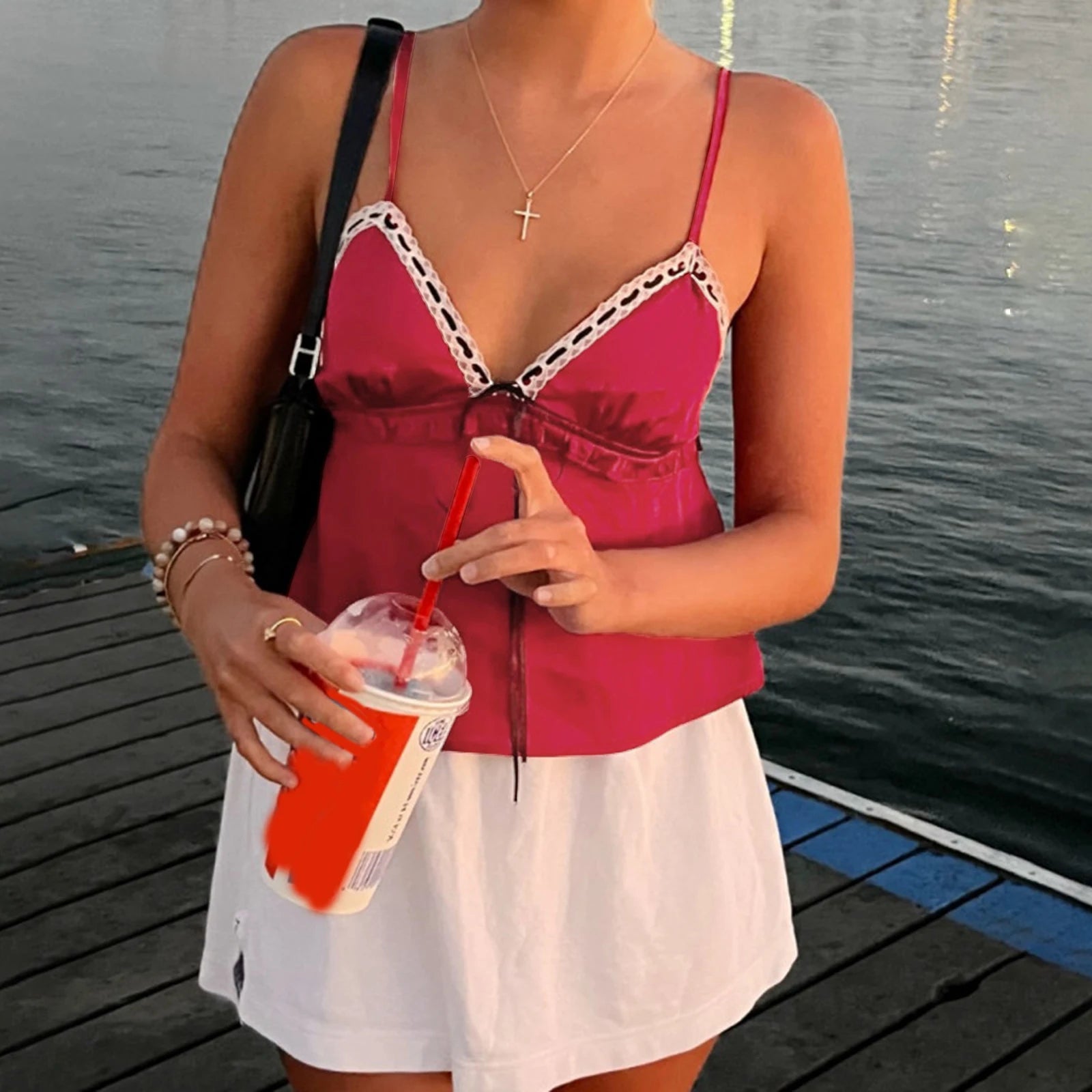 Hnewly Summer Tank Tops y2k Women Deep V Neck Ruffle Trim Spaghetti Strap Sleeveless Camisole Vest 2000s Clothing Streetwear