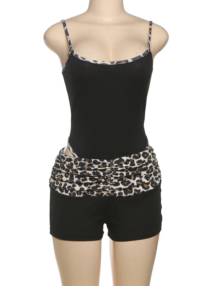 Hnewly  Leopard Print Women 2 Piece Set Tracksuit Stretch Sleeveless Bodysuit Tops+Wide Waist Shorts Matching Street Outfits