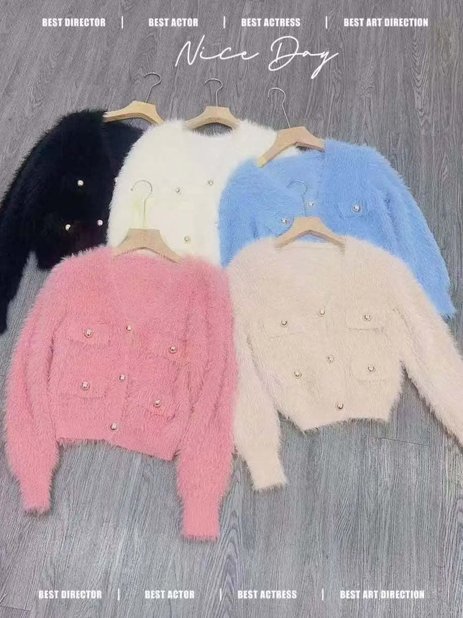 Hnewly  Fluffy Mohair Cardigan Women Pink Fuzzy Knit Button-Up Fake Pocket Crop Sweater Jacket Teen-girl Fall Winter Barbiecore Y2K