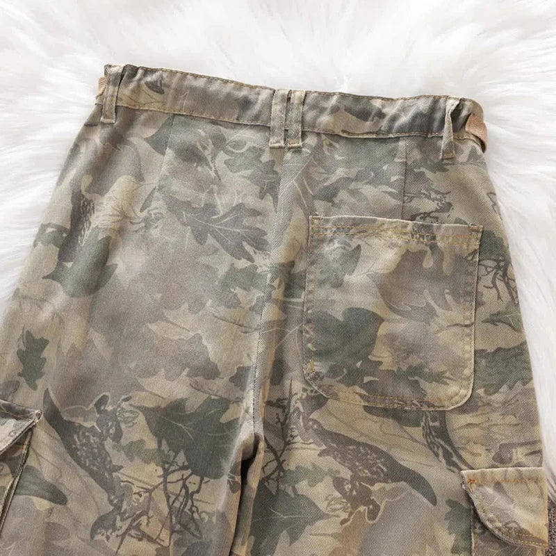 Hnewly Y2K Camouflage Cargo Jeans for Women American Midi Waist Drawstring Wide Leg Pants Bf Fashion Streetwear Hip Hop Denim Trousers