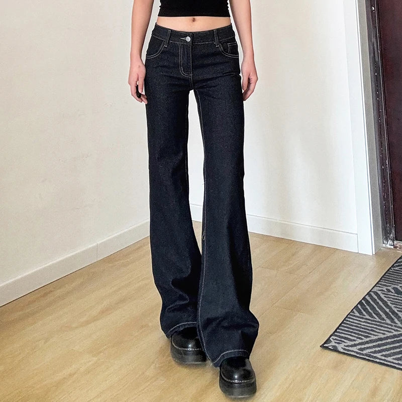 Hnewly Dark Blue Basic Jeans Streetwear Letter Embroidery  Low Rise Straight Denim Pants Women Korean Style Baggy Casual Trouser