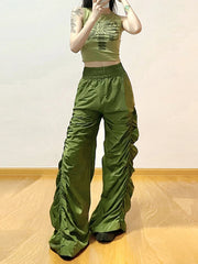 Hnewly  Casual Sweatpant Pleated Women Drawstring Elastic High Waist Cargo Wide Leg Pant Retro Y2k Aesthetic Vintage Streetwear Jogger