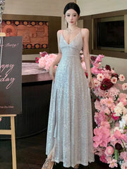 Hnewly Elegant Sequin Backless V-neck Split Dress Women Autumn Sexy Slim Evening Gown A-line Bandage Fashion Birthday Party Luxury Robe