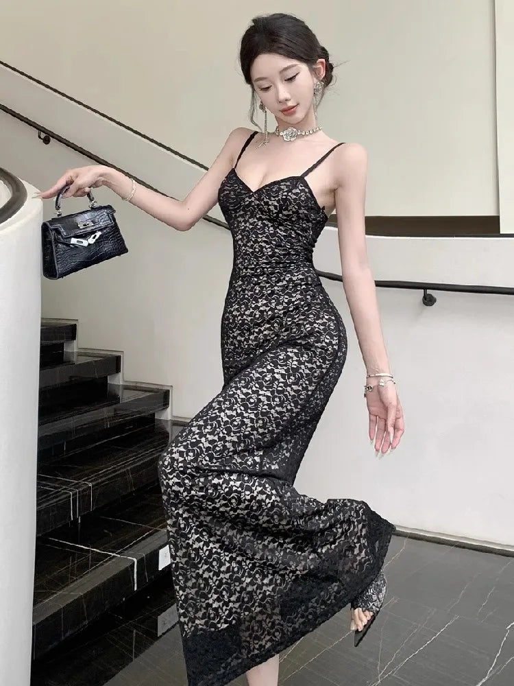 Hnewly  Woman Dress Sexy Elegant Sleeveless V Neck Lace Patchwork Backless Slim Sweet Temperament Party Dresses Female Chic