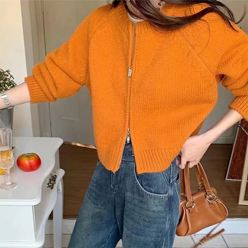 Hnewly Sweater y2k Clothes Women Soft Warm Solid Color Round Neck Zip Up Long Sleeve Knitted Tops 2000s Clothing Streetwear