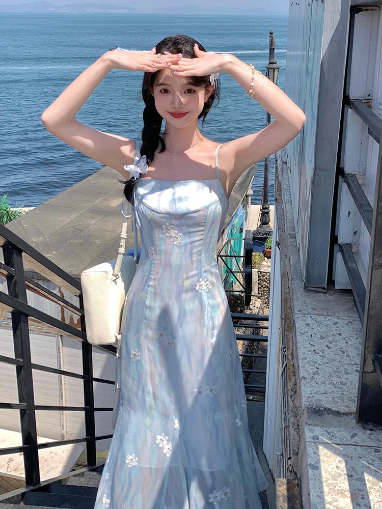 Hnewly Summer Elegant Blue Chiffon Midi Dress Women Beach Casual Embroidery Floral One Piece Dress Korean Fashion Evening Party Vintage