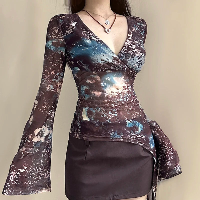 Hnewly Fairycore Grunge Printed Mesh Top Women Streetwear Slim-fitting Flared Sleeve T-shirts Translucent Asymmetrical Tees