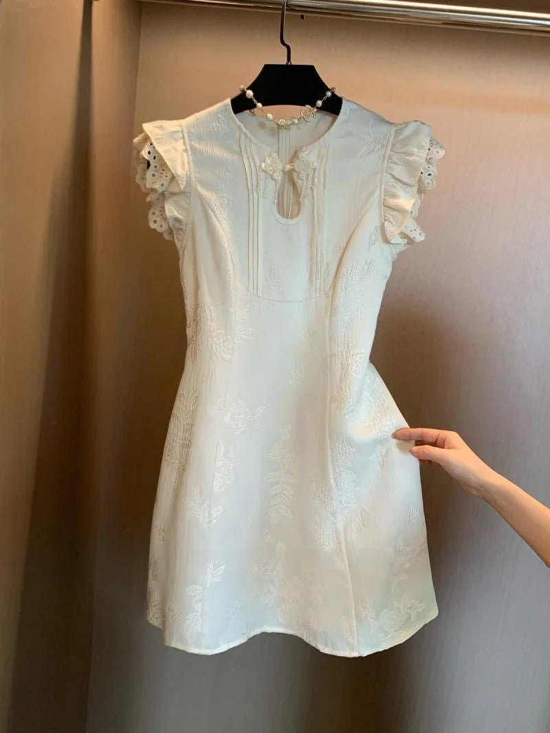 Hnewly  Young Women's New Chinese Style Reformed Qipao Short Size Waist Inward Dress Floral Embroidery Fly Sleeve Summer Dress