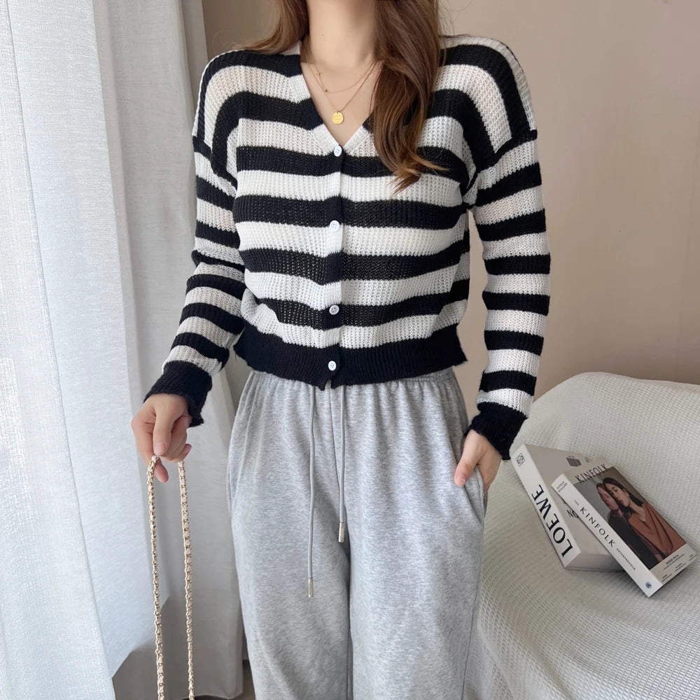 Hnewly  Women Striped Knit Cardigan Button Front Long Sleeve V-neck Crop Sweater Jacket Comfy Knitwear French Chic Autumn Winter Outfit