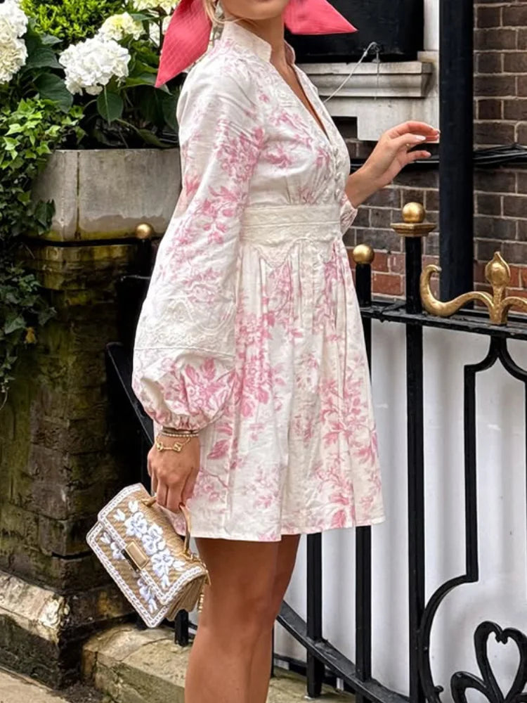 Hnewly  Women Elegant Floral Print Lace Trim Dress Sexy V-neck Full-sleeves Waist Cinching Slim Fit Dresses New Highstreet Outwear