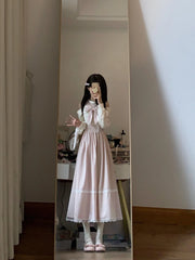 Hnewly  Sweet Butterfly Knot Lace Waist Long Dress Women's Style Pink Color Autumn Fashion Gentle Breeze Off-Shoulder Gown High Waist...
