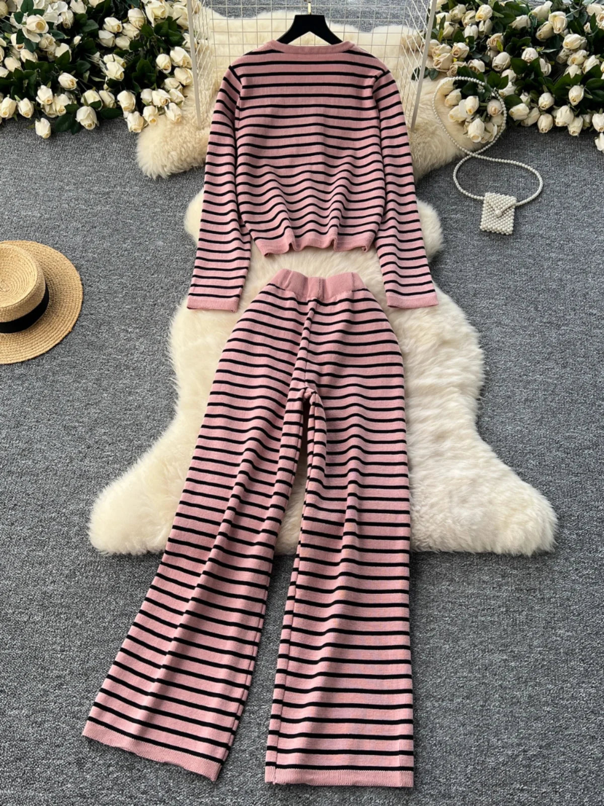 Hnewly  Elegant Knitted Set for Women's High End Versatile Round Neck Striped Knitted Cardigan+High Waist Casual Wide Leg Pants 2PCS