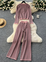 Hnewly  Elegant Knitted Set for Women's High End Versatile Round Neck Striped Knitted Cardigan+High Waist Casual Wide Leg Pants 2PCS