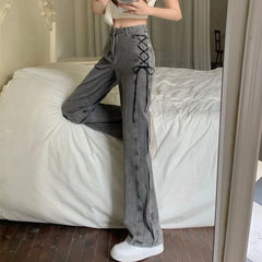 Hnewly  Korean Side Lace Up Design Pipe Pants Women Stylish Low Raise Gray Denim Full Pants Woman New Solid Straight Jeans Female
