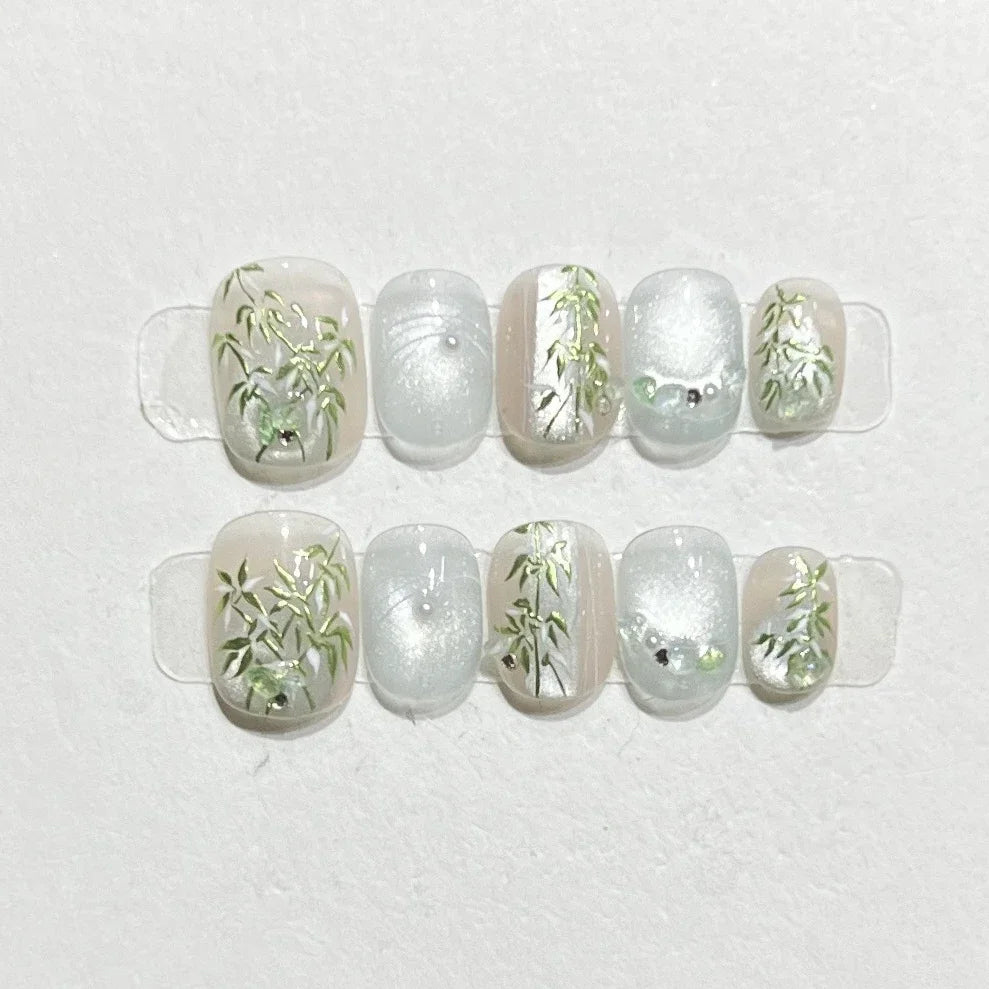 Hnewly 10pcs Mini Flower Fake Nails Short Square Press on Nails Glitter Cat Eye False Nails Full Cover Sweet Cute Manicure Nail Art Tip