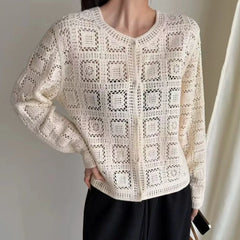 Hnewly  Crochet Cardigan for Women Sheer Openwork Button Front Pointelle Knit Jacket Tops Blouse French Chic Boho Vacation Outfit