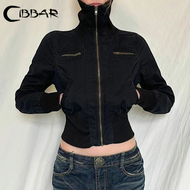 Hnewly Streetwear Black Zip Up Jacket Autumn Winter Turtleneck Full Sleeve Cropped Jackets for Women y2k Vintage Ladies Outwear