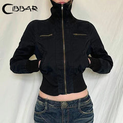 Hnewly Streetwear Black Zip Up Jacket Autumn Winter Turtleneck Full Sleeve Cropped Jackets for Women y2k Vintage Ladies Outwear