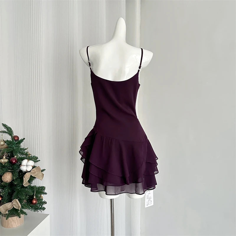 Hnewly DRESS TO IMPRESS Women's Purple A-line Evening Dress 90s Vintage Sleeveless Off Shoulder Mini Dresses Y2k Elegant One Piece Frocks 2000s Clothes